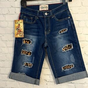 L & B distressed Jean shorts with leopard patches
